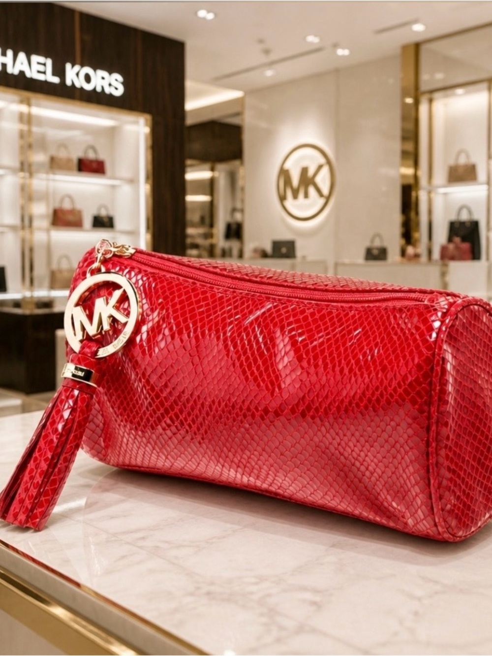 Michael Kors Red Patent Snake-Embossed Tassel Wristlet